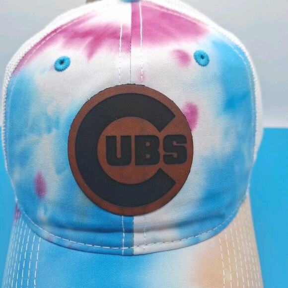 Chicago Cubs Tie Dye Trucker Snapback Leather Patch Hat MLB The Game Cotton - Picture 2 of 7